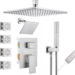 Shower Faucet Set Brushed Nickel Shower System,Four Modes Shower Faucet with 2 in 1 Handheld,Ceiling Mount 10 Inch Shower Head with 6 Inch Shower Head
