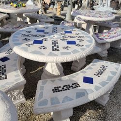 Concrete Mosaic Picnic Table with 3 Benches/ Outdoor Patio Furniture / Patio Set