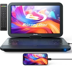 17.6" Portable Blu Ray DVD Player with 15.4" Screen, HDMI Input/Output, Sync Screen, 5 Hours Playing Time, 1080P MP4 MKV Video, Surround Audio, USB SD