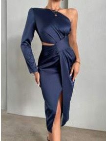One Shoulder Cut Out Waist Ruched Split Thigh Satin Dress 