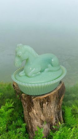 Vintage green jadiet glass "RESTING PONY", candy dish.