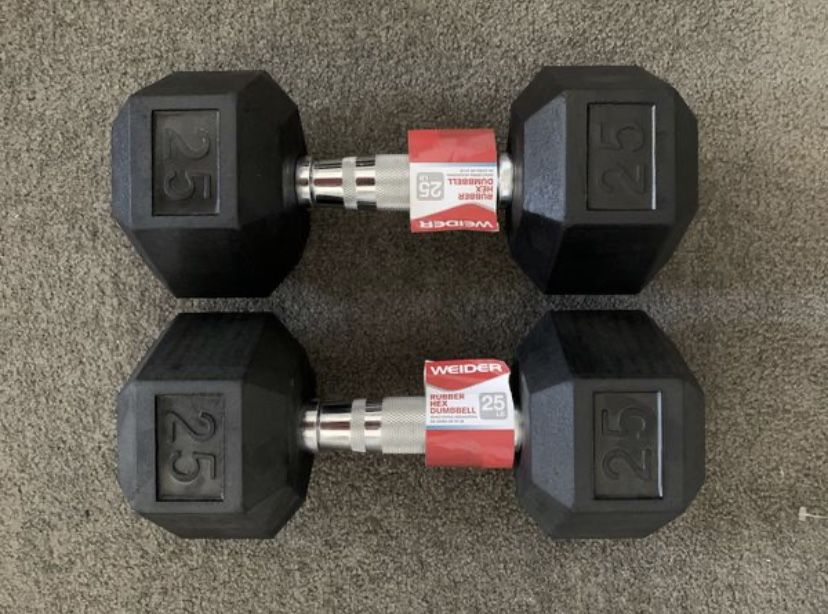 Brand New Rubber Hex 25 LB Dumbbell Set