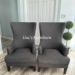 Two Beautiful Gray Wingback Accent Chairs 