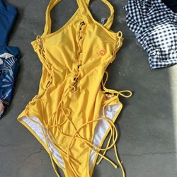 Yellow Lace-Up One-Piece Swimsuit (Size L)
