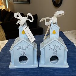 Pair New Rae Dunn Groom Ceramic Birdhouse Chapel Church Wedding Gift