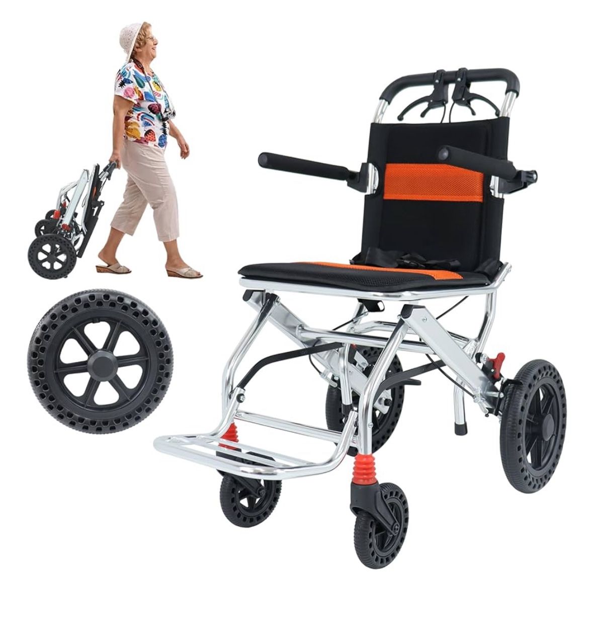 Portable Folding Wheelchair, Travel with handbrake, Ultra-Light Wheelchair for The Elderly and Children