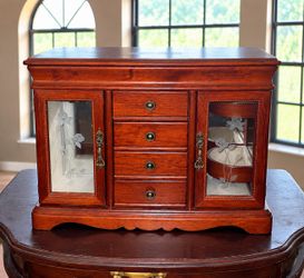 Vintage Wooden Jewelry Box with Drawers & Glass Doors