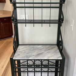 Wrought Iron Baker’s Rack With Marble Shelf, Wine Rack, Cup Hooks