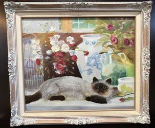 One-of-a-kind Oil Painting "Siamese Cat, Pitcher, Flowers and a window background", Framed
