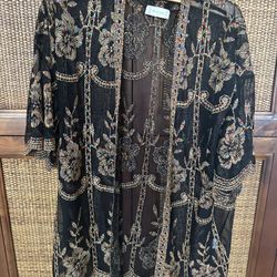 Altar'd State Black, colorful embroidery Small Sheer Wrap, Kimono, Shrug, Duster