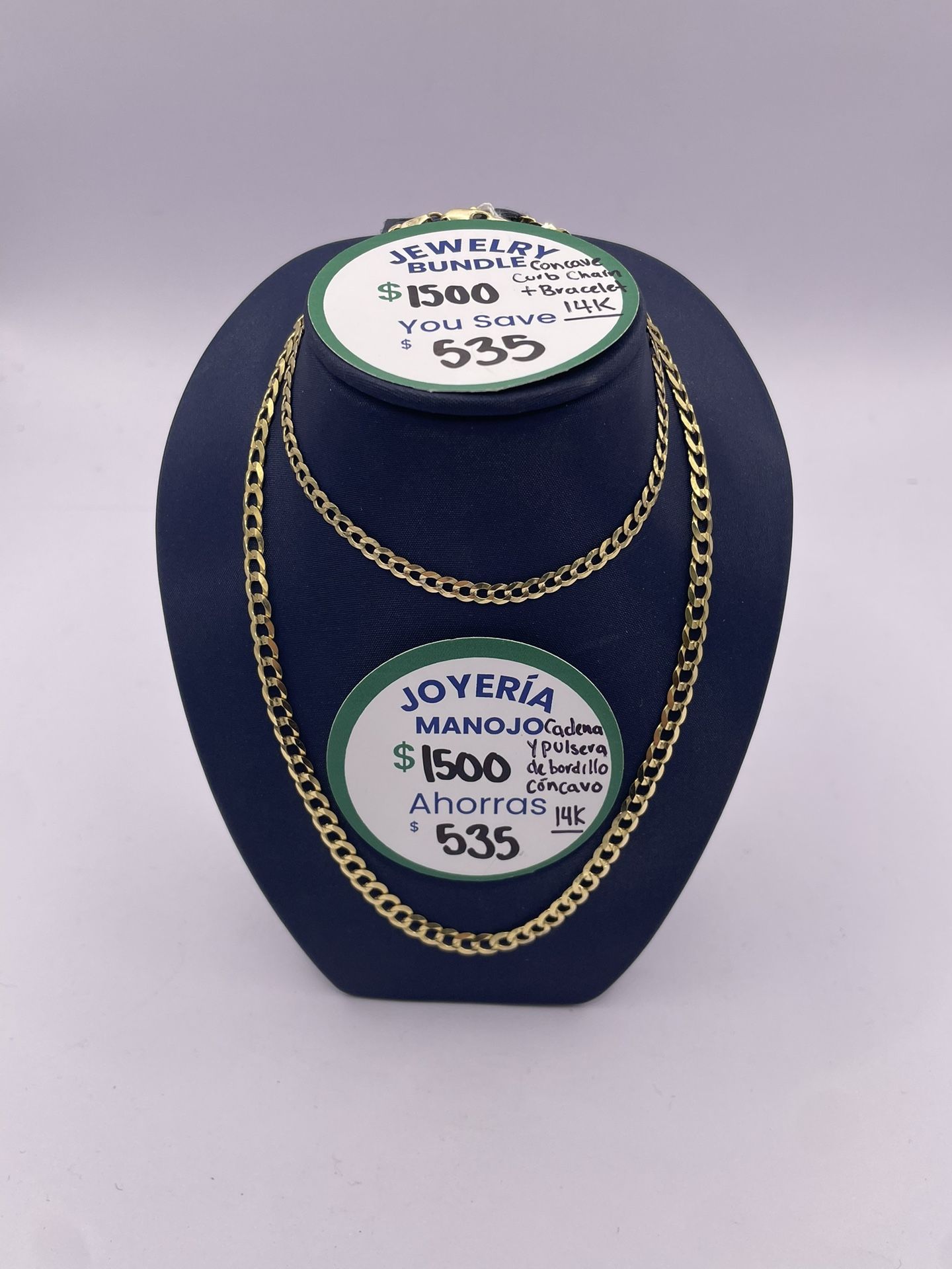 Jewelry Bundle, 14k Yellow Gold Concave Curb Chain & Bracelet 