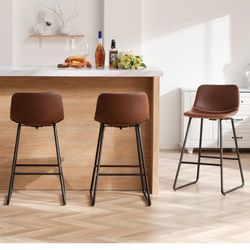 Counter Height Bar Stools Set of 3, Brown Barstools with Back Support 26 Inch Faux Leather Bar Stools for Kitchen Island Counter Height Bar Chairs wit