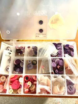 Box of purple and Pink Buttons