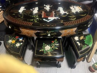 Asian Antique Mother Of Pearl Tea Table And Stools