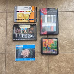 Art Lot With 5 Items Included two acrylic kits, one ultimate henna tattoo kit one Crayola signature dual markers 16 count and one wooden Puzzle