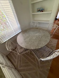Round Granite Top Table with 4 White Iron Chairs