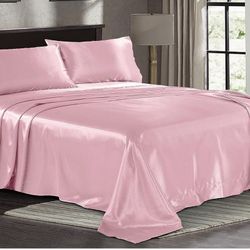 4 Piece Set of Silky Pink Sheets for a Queen Size Bed