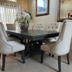 Dining Table With 8 Chairs - Dark Grey Table Old World Distressed Wood Scrolled Pedestals 