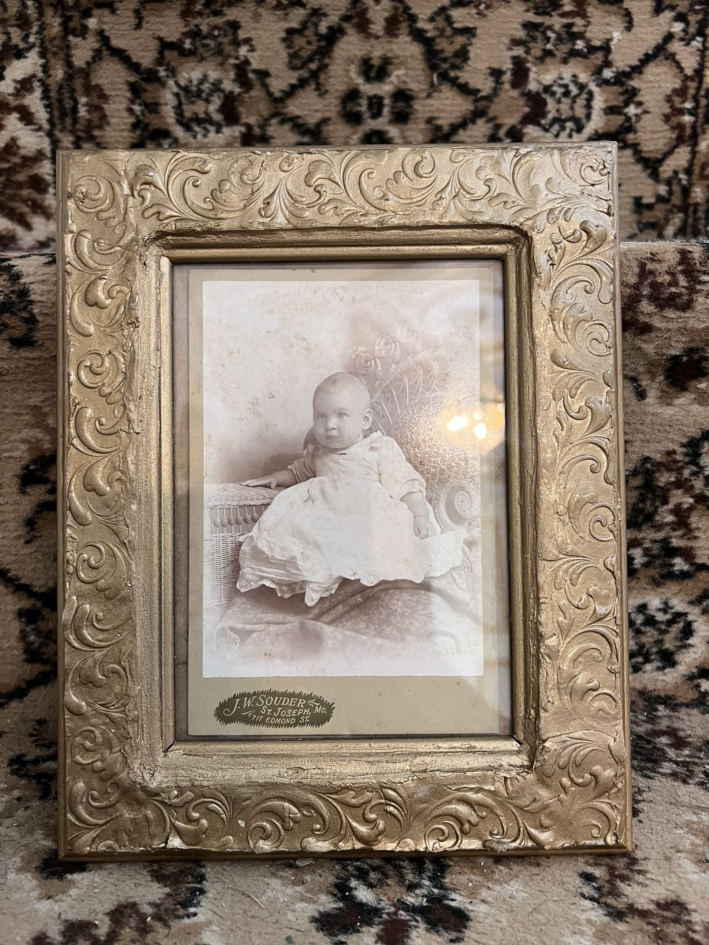 Authentic Antique Baby Photograph In Ornate Wood Frame