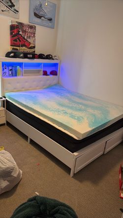 QUEEN BED MATTRESS + BED FRAME + FOAM TOPPER