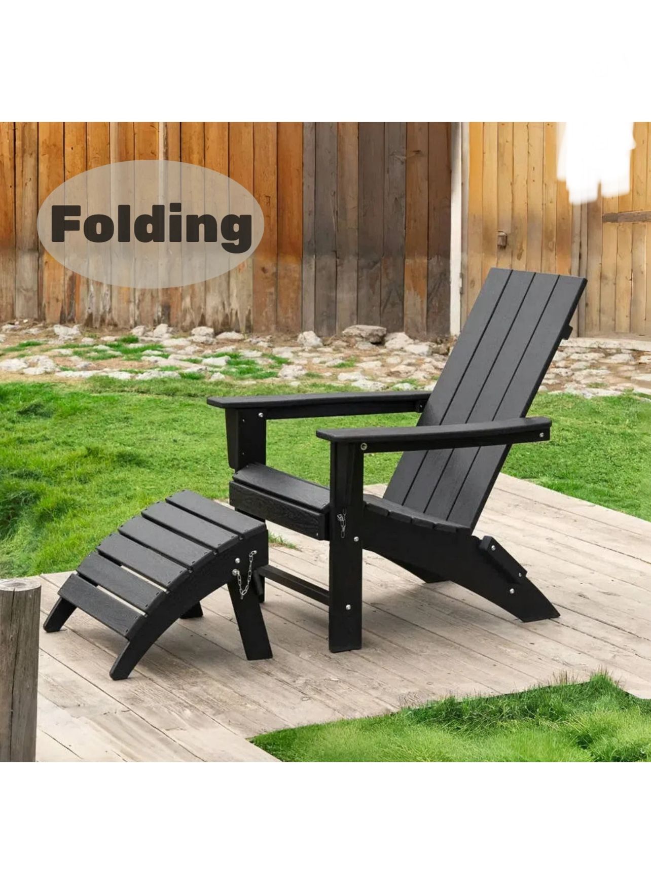 Folding Adirondack Chair with Ottoman HDPE All Weather Outdoor Foldable Adirondack Patio Chair with Footrest for Outside Pool Garden Deck, New