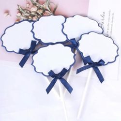 New Pack of 10 White & Navy Blue Buffet Food Label Cupcake Toppers