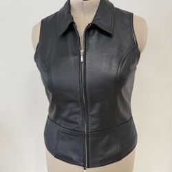 Black Leather Zip-Front Women's Vest