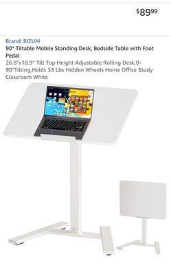 Adjustable raising all white mobile desk with 90° tilt