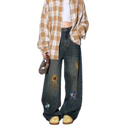 Straight-leg jeans with sunflower embroidery(2 styles)