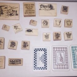 Wood Block Rubber Stamps Gardening Theme With Ink Pads