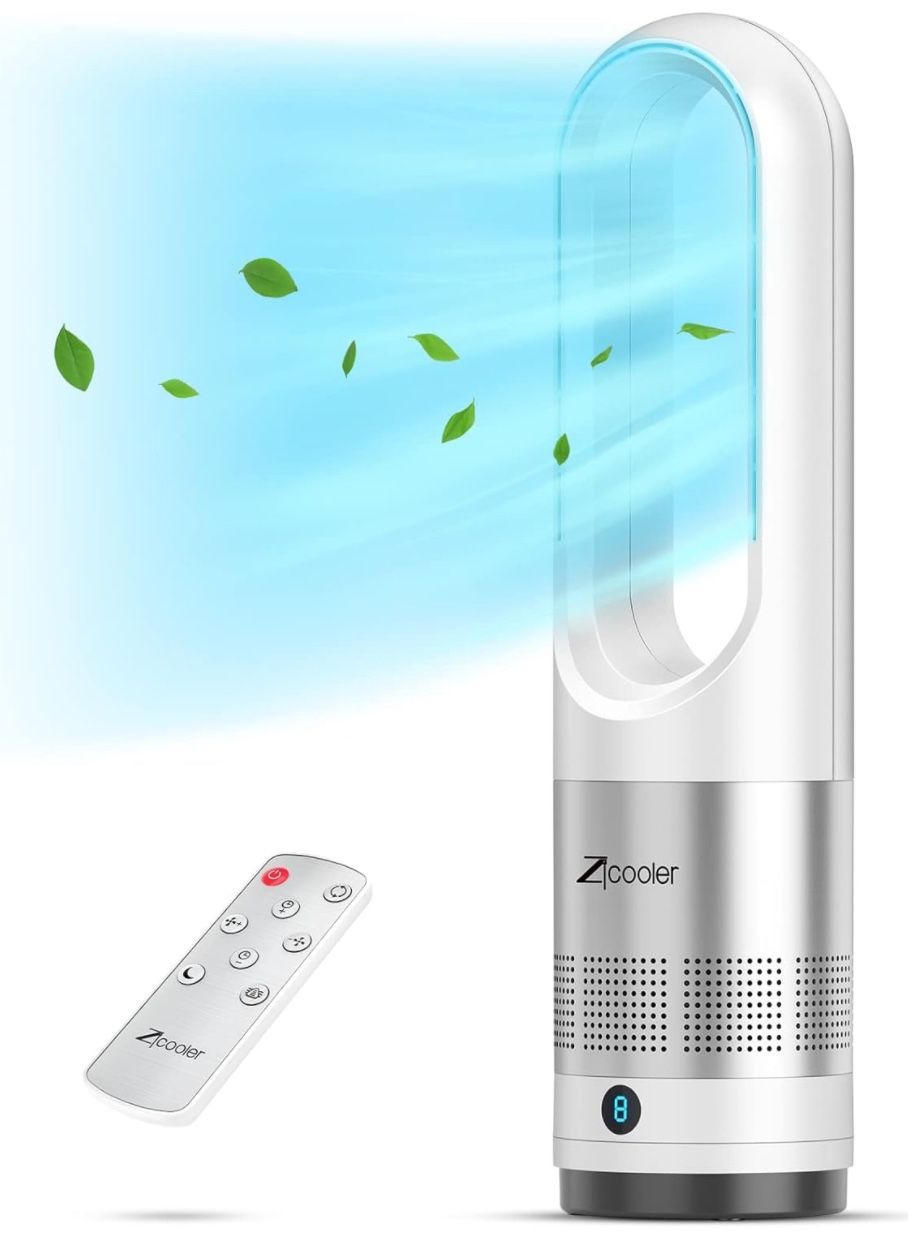 Zicooler Tower Fans for Home, 22 Inch 80°Oscillating Bladeless Fan with Remote, Quiet Fans with 8 Speeds, LED Display, 9H Timer, White Floor Standing