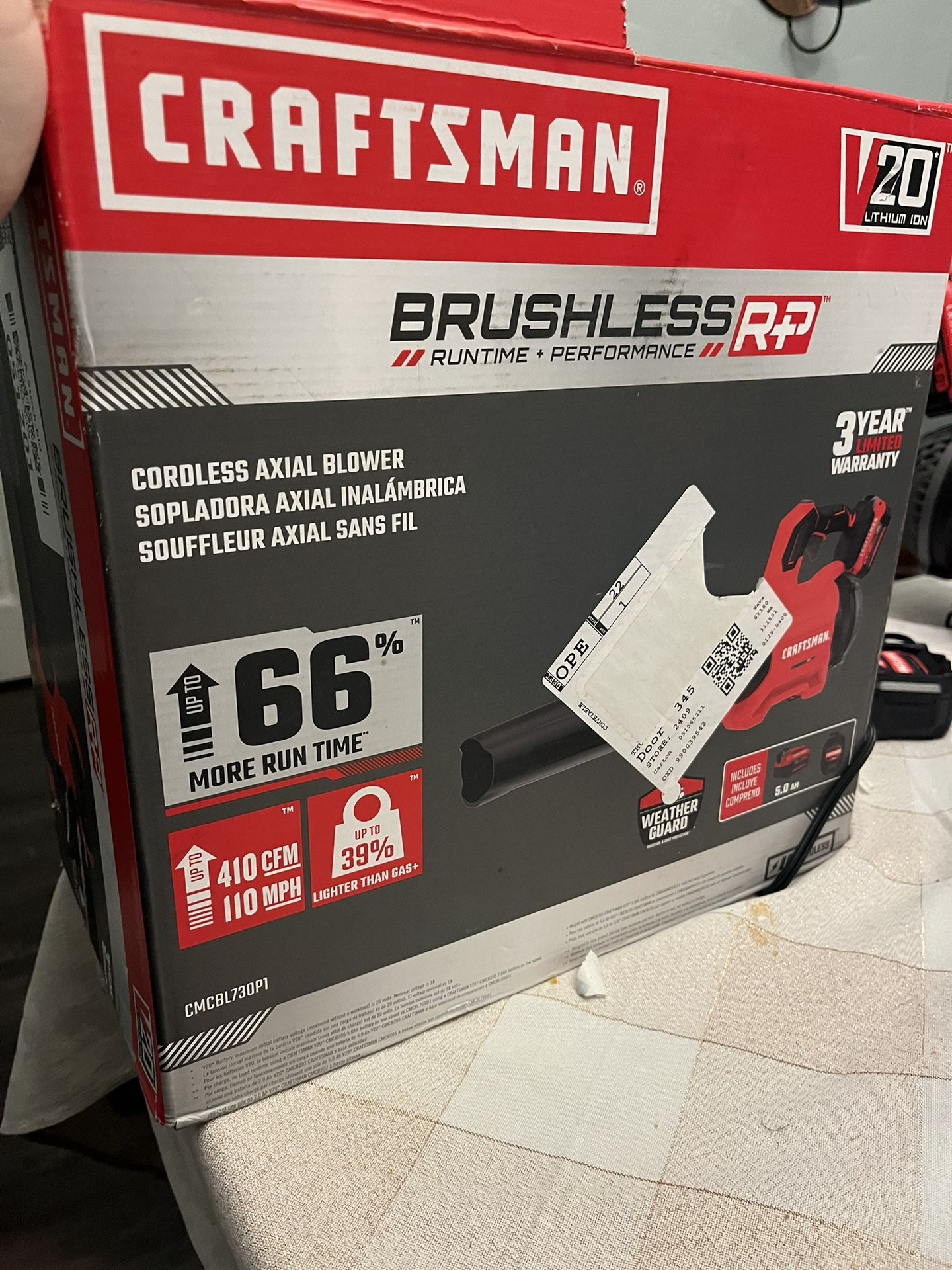 CRAFTSMAN Large Leaf Blower V20 Brushless RP 20Volt Max 410 CFM 110 MPH(Battery And Charger Included)