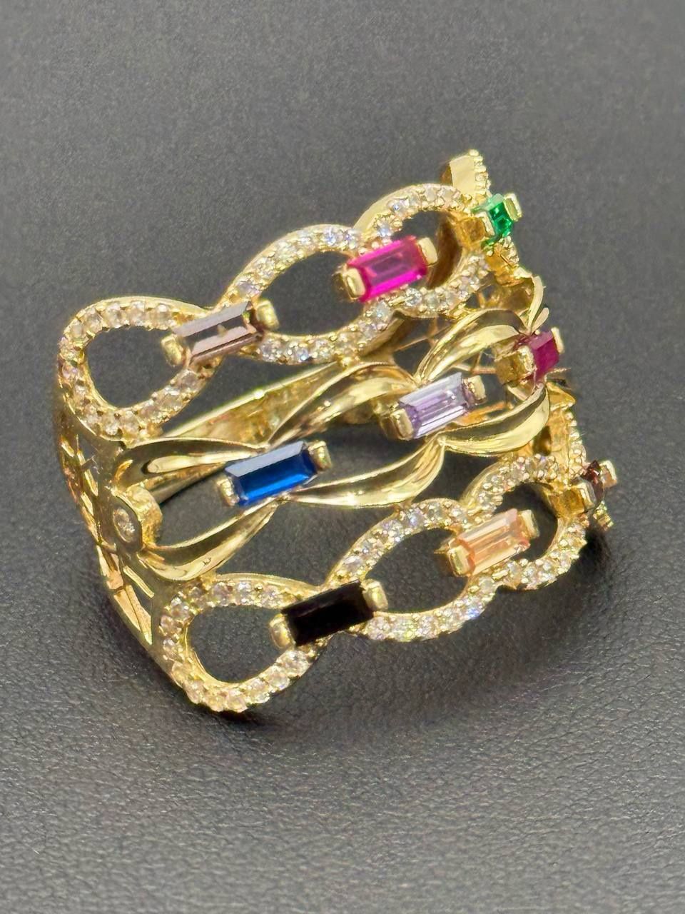 14k yellow gold Rainbow baguette multicolor gemstone Ruby Sapphire Emerald Onyx CZ ring sz11.5