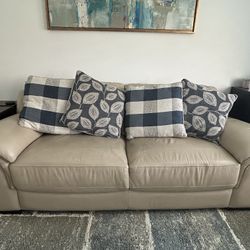 Beige Leather Couch And Recliner Set For Sale