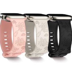  3 Pack Floral Engraved Bands Compatible with Apple Watch Band 40mm 38mm 41mm Women, Soft Silicone Cute Butterfly Pattern Sport Strap for