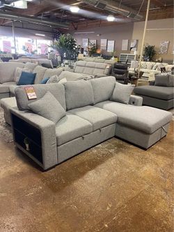 Gray Sectional Sofa Sleeper With Pull Out Bed & Storage Chaise USB Ports
