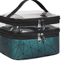 Makeup Bag Cosmetic Bag Travelling Double Layer Make Up Bag Organizer Medium Case for Women Girls Reusable Toiletry Bags(Dark Green) Brandnew