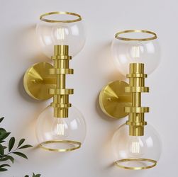Set of 2 Modern Brushed Gold 2-Light Wall Sconces with Clear Glass, Vanity Light Fixtures
