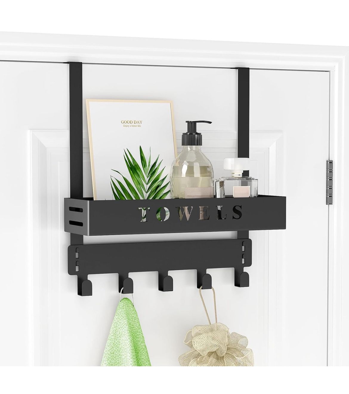New In Box Over The Door Hooks Hanger with 5 Coat Hooks & Basket, Back of Door Storage Organizer for Clothes Hat Towel, Hanging Towel Rack for Bathroo