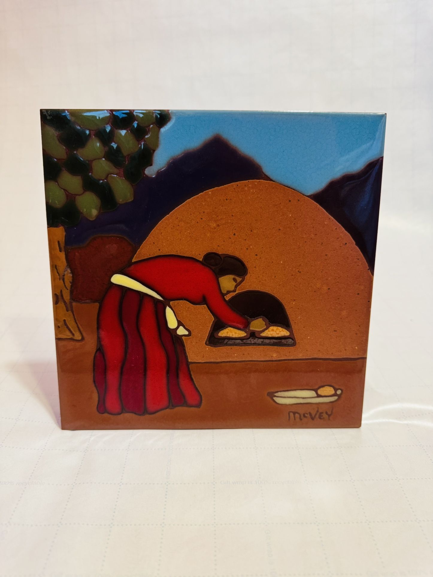 Native American New Mexico Navajo woman Tile Woman Baking Oven Signed McVey 8x8