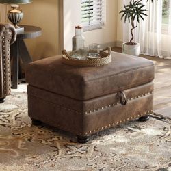 Faux Leather Ottoman with Storage, Rectangle Ottoman Coffee Table  Product Dimensions	22.8"D x 28.4"W x 19.3"H Color	Brown Top Material Type