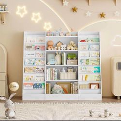 Kids Bookshelf Bookcase with 14 Sling Fabric Shelves, Book and Toy Organizer, B-9