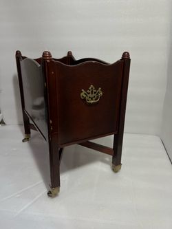 Mahogany Wood Magazine Rack on Brass Casters