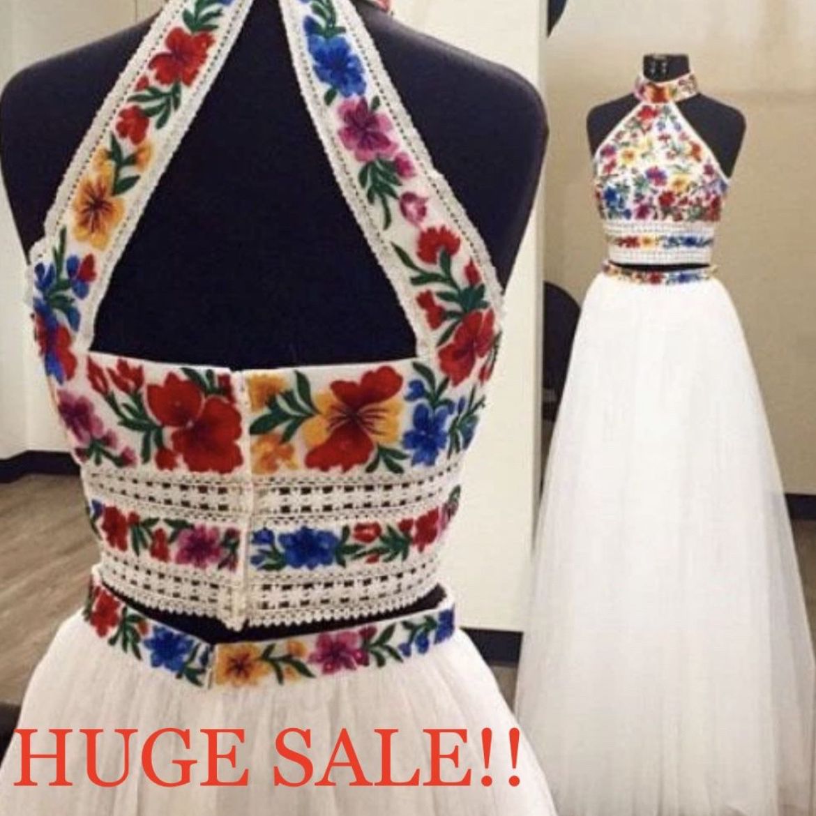 Two Pieces Embroidery High Neck Open Back Tulle Prom Dress, Spanish Style Size 6 Hand Made 