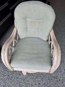 Vintage Rattan Swivel Chair with Green Cushions
