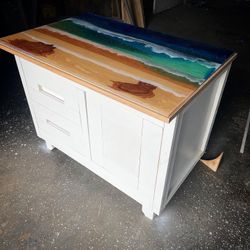 Custom bathroom vanities with Epoxy, resin beach, scene, tops, mini style sizes and colors available