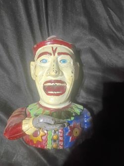 Vintage made in usa cast iron brass clown mechanical coin bank