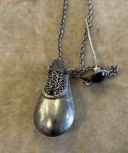 Antique Tibetan Perfume Bottle Necklace, Black Gem Accents