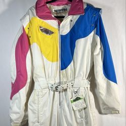 Ski Suit Obermeyer One Piece Snowsuit Snow Bib Pink Yellow Vintage 80s Retro Womens Size 12 (large)
