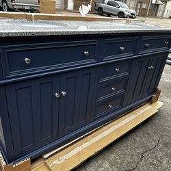 Home Decorators Collection Fremont 72 in. Double Sink Freestanding Navy Blue Bath Vanity with Grey Granite Top (Assembled